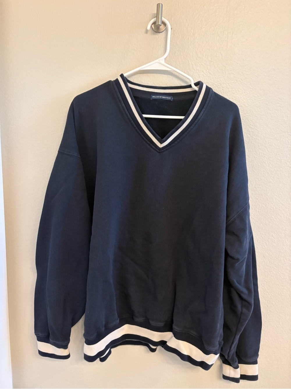 Brandy Melville Navy V-Neck Sweater with Cream Trim